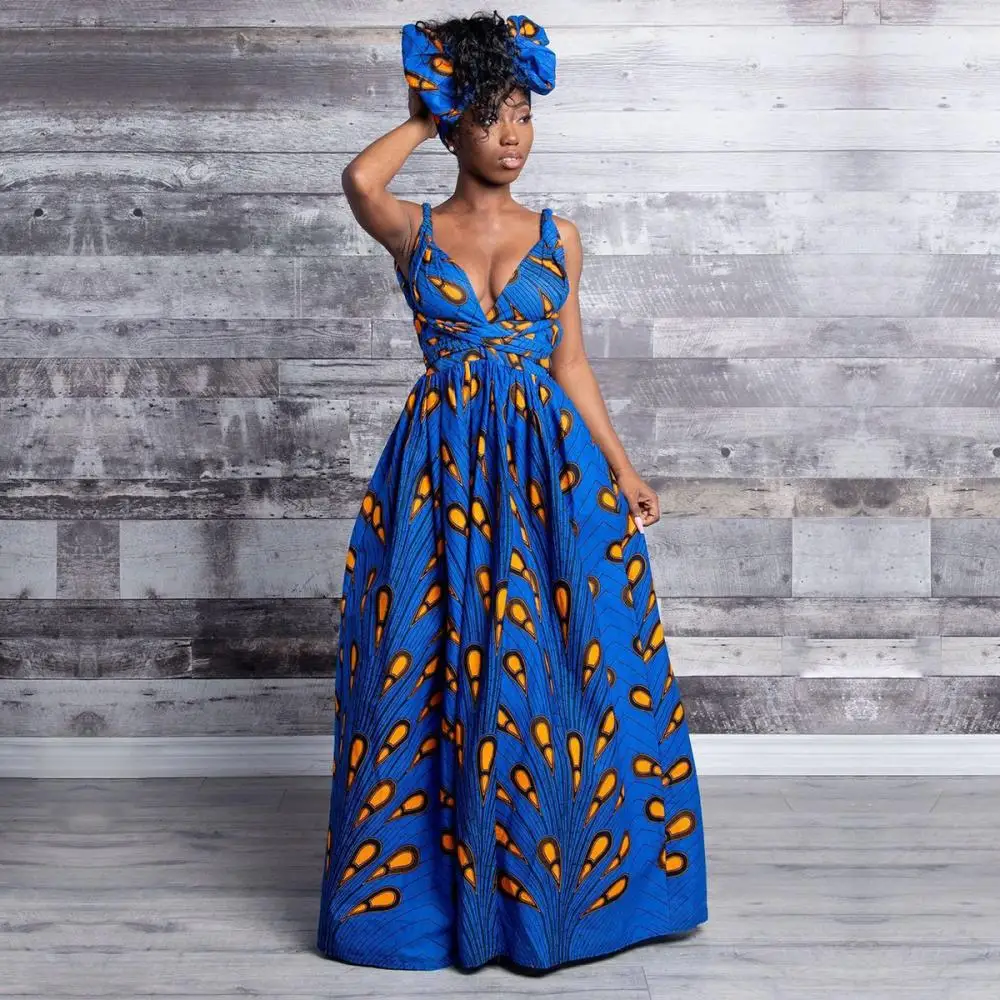 African Dresses Women Summer Diy Bandage Dress Fashion Vintage Print Jumpsuit Long Skirt Party Clothes Robe Africaine Femme