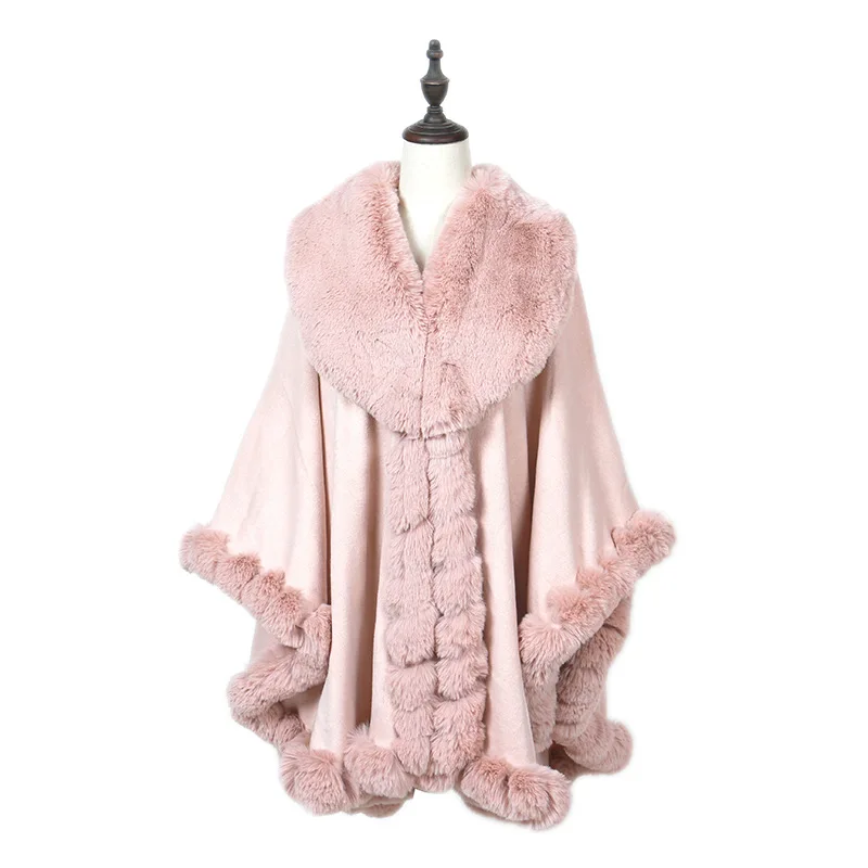 Europe and the United States autumn and winter new imitation cashmere cloak female warm solid color imitation hare hair