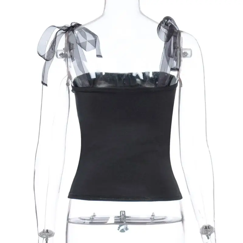 Women Summer Sexy Off Shoulder Tank Top Mesh Ribbon Tie Shoulder Strap Camisole Bodycon Sleeveless Backless Vest