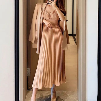 

Autumn Women High Quality Pleated Dress 2 Piece Female Fashion Blazer Coat and Spaghetti Strap Dress Suit Elegant Party Dress