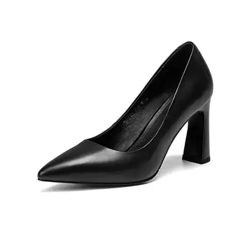 

Spring Autumn Women's Shoes Genuine Leather Fabric Comfortable Inside Pointed Toe Thick High Heel Work Black Women Shoes