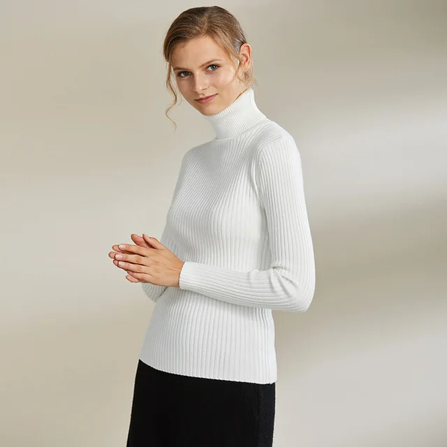 Высокое качество, женский свитер с высоким воротом, Осень-зима, теплый женский джемпер, свитера, вязаный пуловер, однотонный джемпер из Джерси, Pull Femme - Цвет: White
