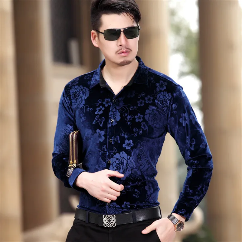 Хорошая Поп Мода бархат утолщение Slim Fit Мужские рубашки VogueLong рукав рубашки M-5XL