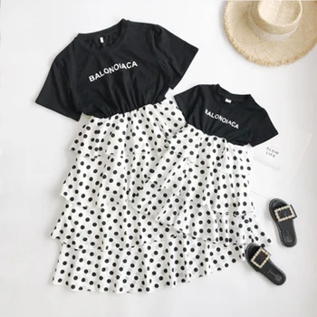 

Polka Dot Mother Daughter Family Dresses Summer T-shrit Patchwork Layered Dress Mommy And Me Family Matching Clothes Family Look