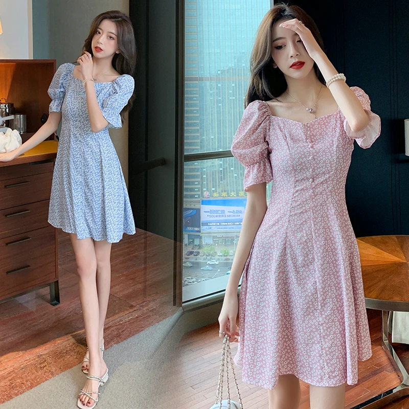 Coigarsam Cute Floral Print Women One Piece Dress Korean New Summer Short Puff Sleeve High Waist Dresses Blue Red 863 Dresses Aliexpress