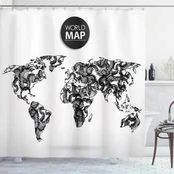 

Wanderlust Shower Curtain, Modern Elements of Infographics Octopus Animal and The World Map Communication, Cloth Fabric Bathroom