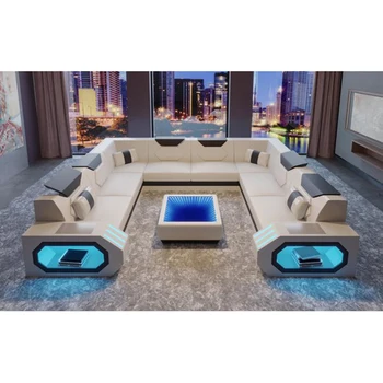 

Combination living room sofa massage music player USB cow leather sofa set