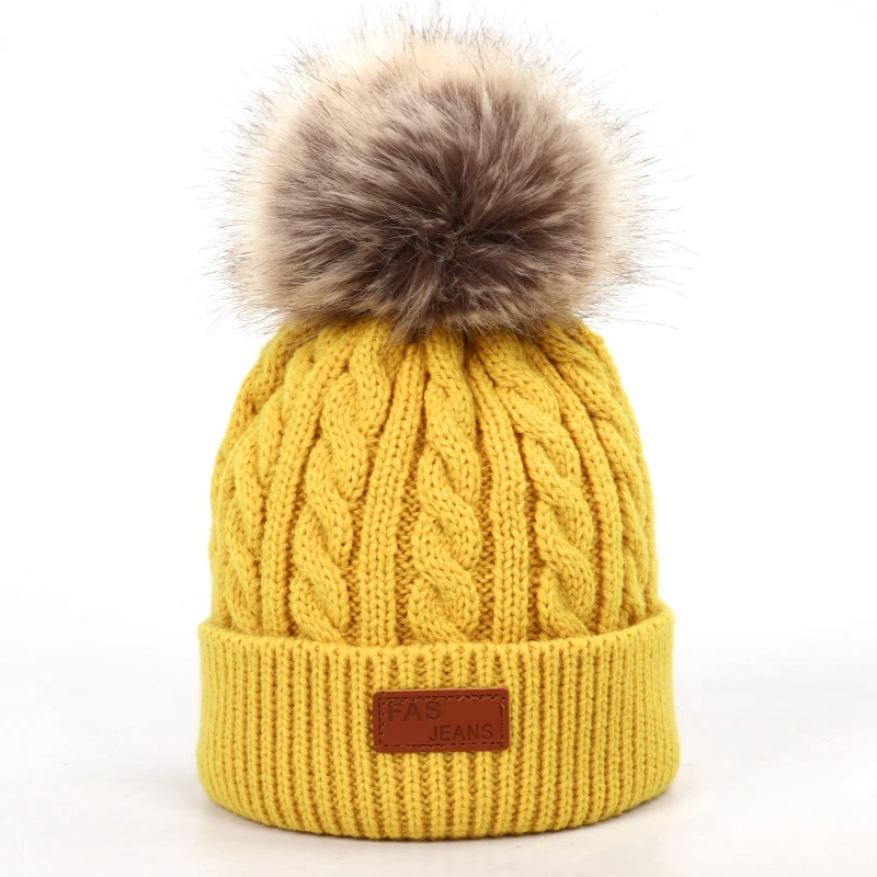 Yellow-2 Детская шапка, вязаная Милая шапка для девочек, BoysBig Pom pom Beanie, детские шапки для девочек и мальчиков, теплая вязаная зимняя детская шапка из натурального енота F - Цвет: Yellow-2