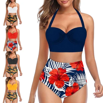 

Women Vintage Swimsuit Two Piece Retro Halter Ruched High Waist Print Bikini Set 2020 Summer Hot Sale Push Up Bra Padded
