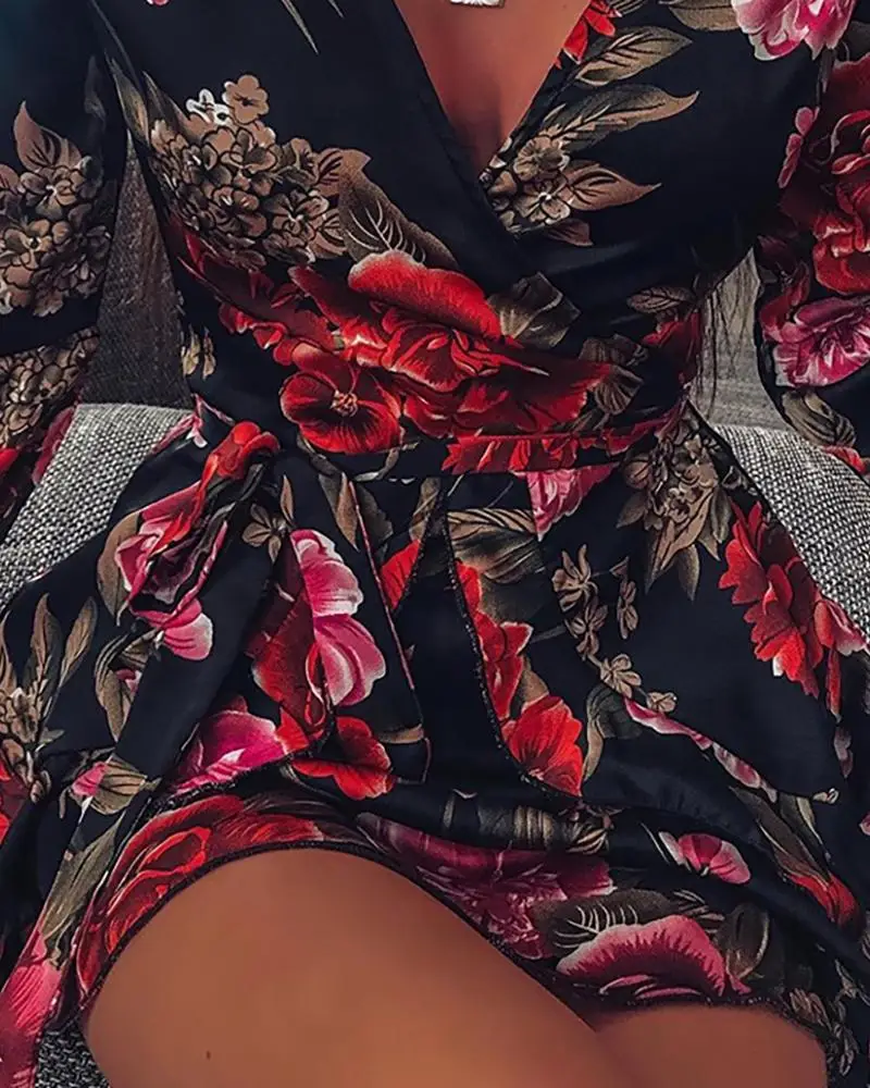 

2019 Elegant Fashion Women Autumn Floral Printed Wrap Dress V Neck Long Sleeve Dress Floral Lantern Sleeve Tight Waist Dress