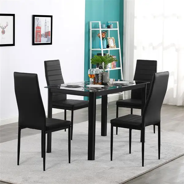 

4pcs Assembled Stripping Texture High Backrest Dining Chairs + Nine Block Box Pattern Rectangle Tempered Glass Dining Table Set