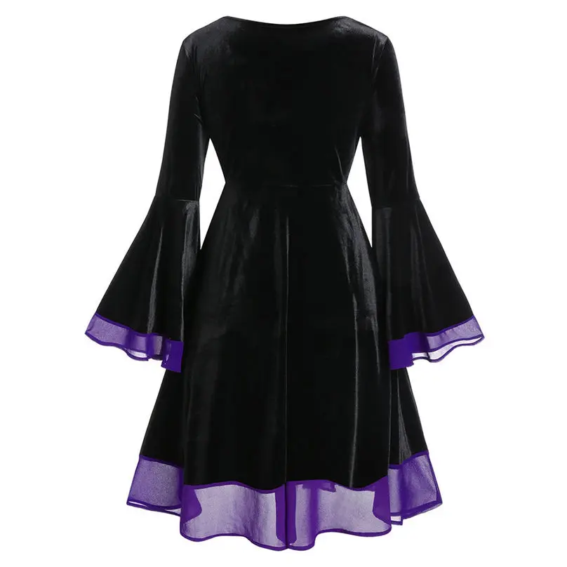 New Fashion Halloween Dress Women Velvet Plus Size Halloween Lace Up Patchwork Long Sleeve Mini Dress Vestidos 4S04 (6)