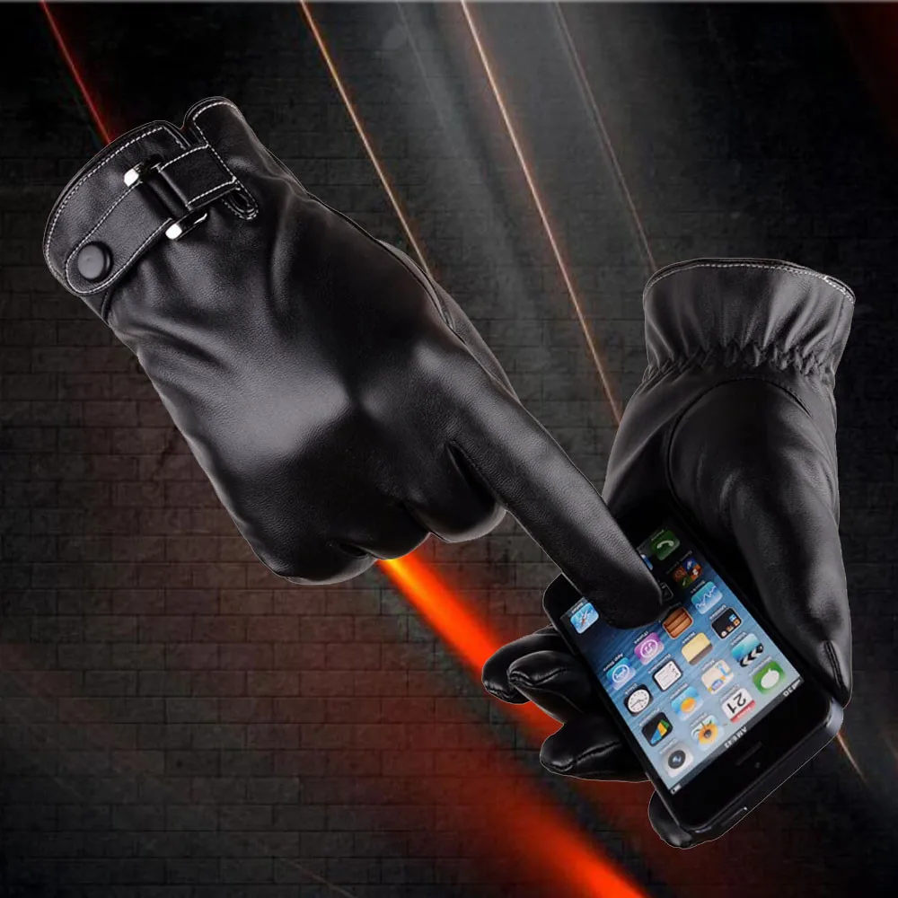 Зимние теплые мужские кожаные перчатки черные теплые перчатки для сенсорного экрана для мужчин модные брендовые зимние теплые варежки полный палец