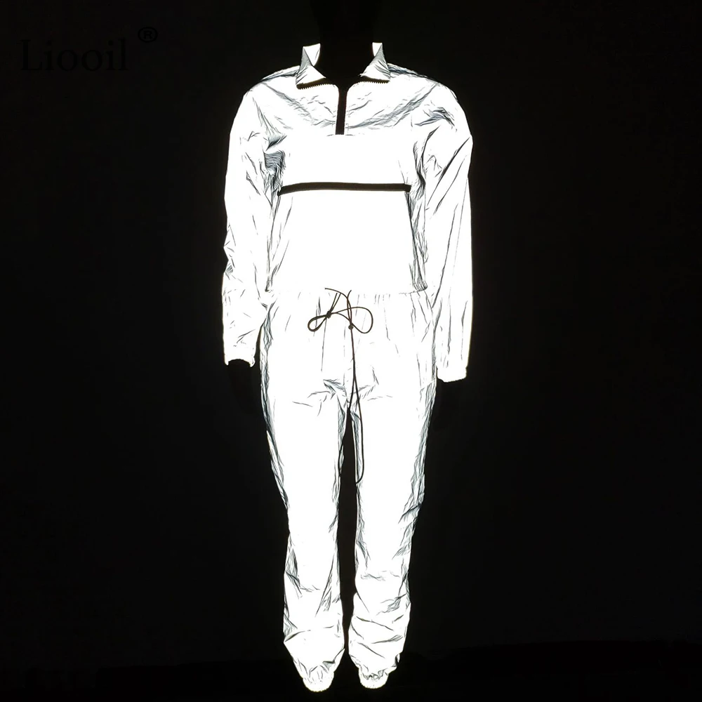 Liooil, отражающий серый спортивный костюм, женский комплект из двух предметов, топ и штаны,, зимний костюм для бега на молнии с длинным рукавом, подходящие комплекты