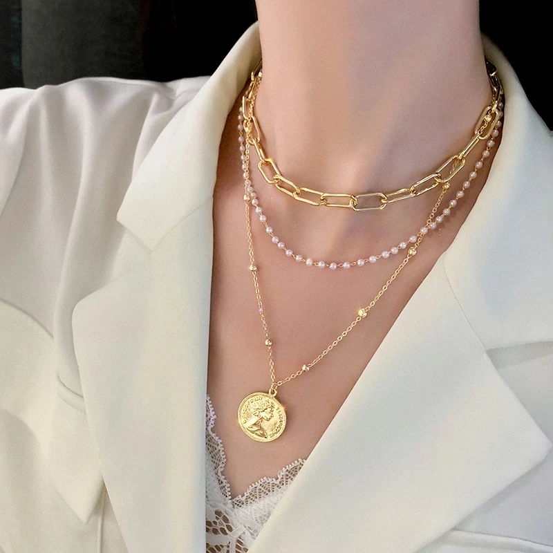 AENSOA Street Style Multi-layered Pearl Beaded Chain Choker Necklace Collar Statement Coin Pendant Metal Women Gift | Украшения и
