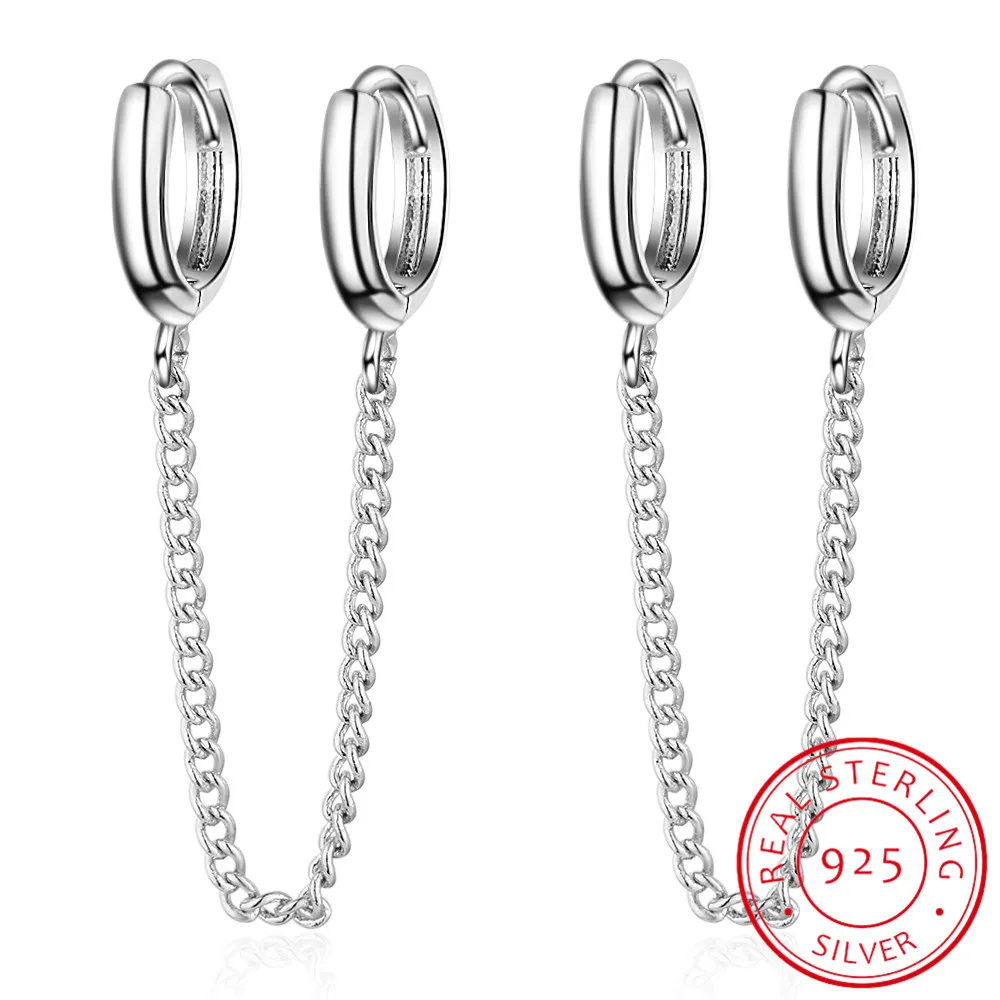 

Solid 925 Sterling Silver Double Earrings Chain Small Round Circle Hoop Tassel Ear Rings Two Ear Holes Helix Piercing SE178