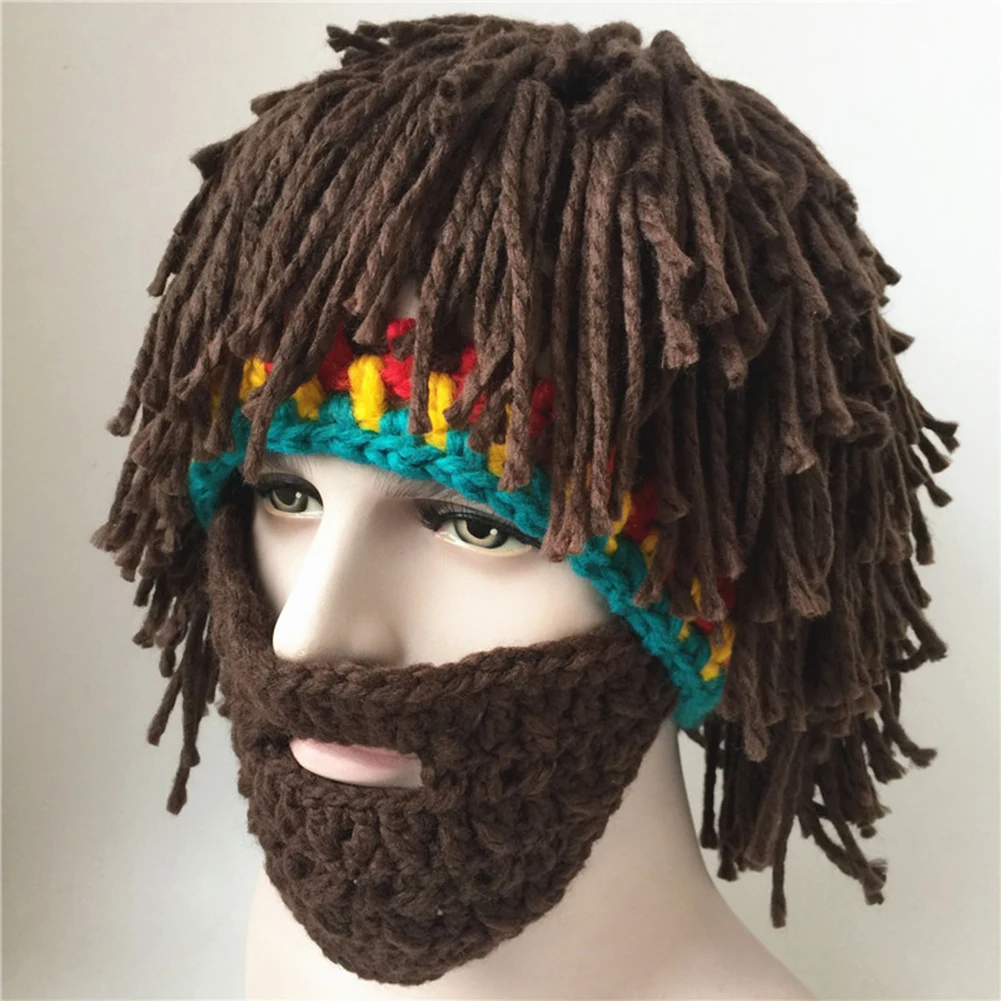 Winter Cycling Handmade Wig Beard Cap Crochet Mustache Knit Halloween Funny Party Caps Unisex Wool Tassel Ski Mask Bonnet