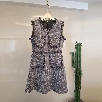 

High Quality 2019 Autumn Winter Tweed Ball Gown Dress Elegant Women Wool Blends Tassel Vest Black Dress Vintage Fringed Vestidos
