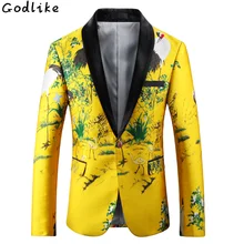 Мужской желтый блейзер с принтом, приталенный, с цветочной вышивкой, Мужская одежда для сцены, Повседневный, для выпускного, блейзер, куртка для ночного клуба, для мужчин, 4XL 5XL