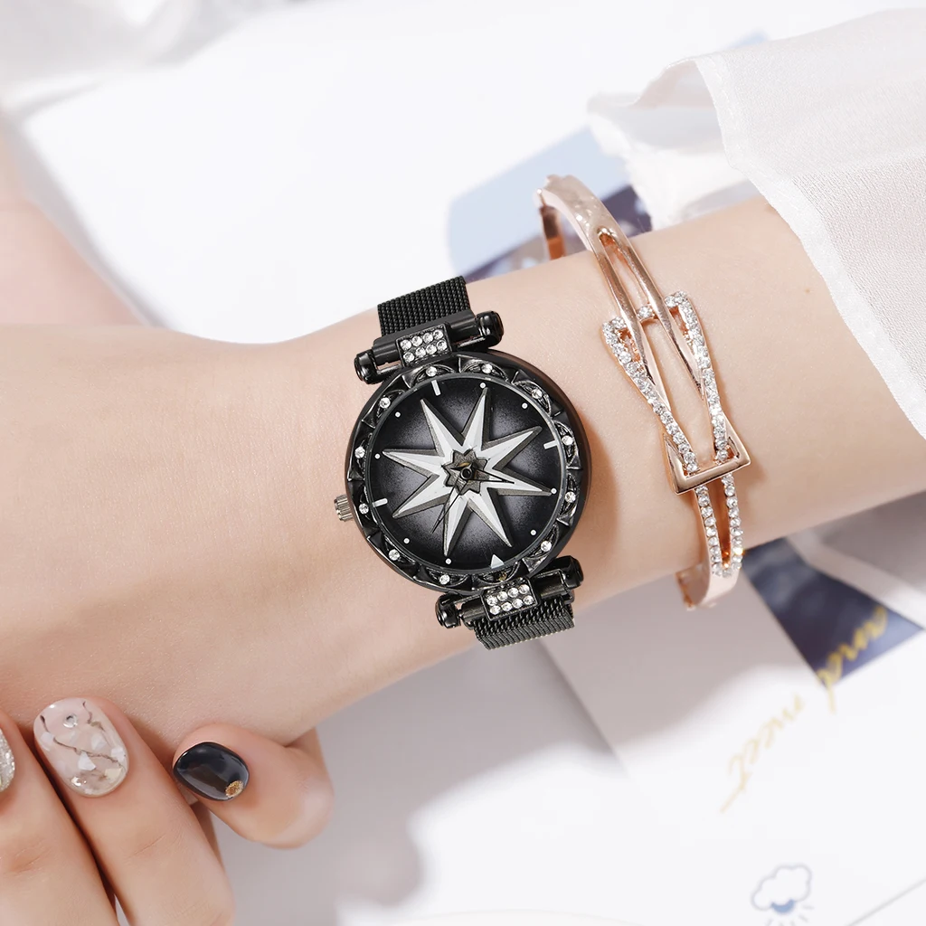 Роскошные женские часы со звездным циферблатом и геометрическим циферблатом, модные, вращающиеся, с магнитной пряжкой, женские деловые наручные часы Reloj Mujer