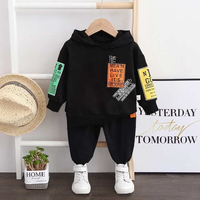 Spring Autumn Children Cotton Clothing Suit Baby Boys Girls Clothes Kids Sport Hoodies Pants 2Pcs/Sets Fahion Toddler Tracksuits HM zimu F Black