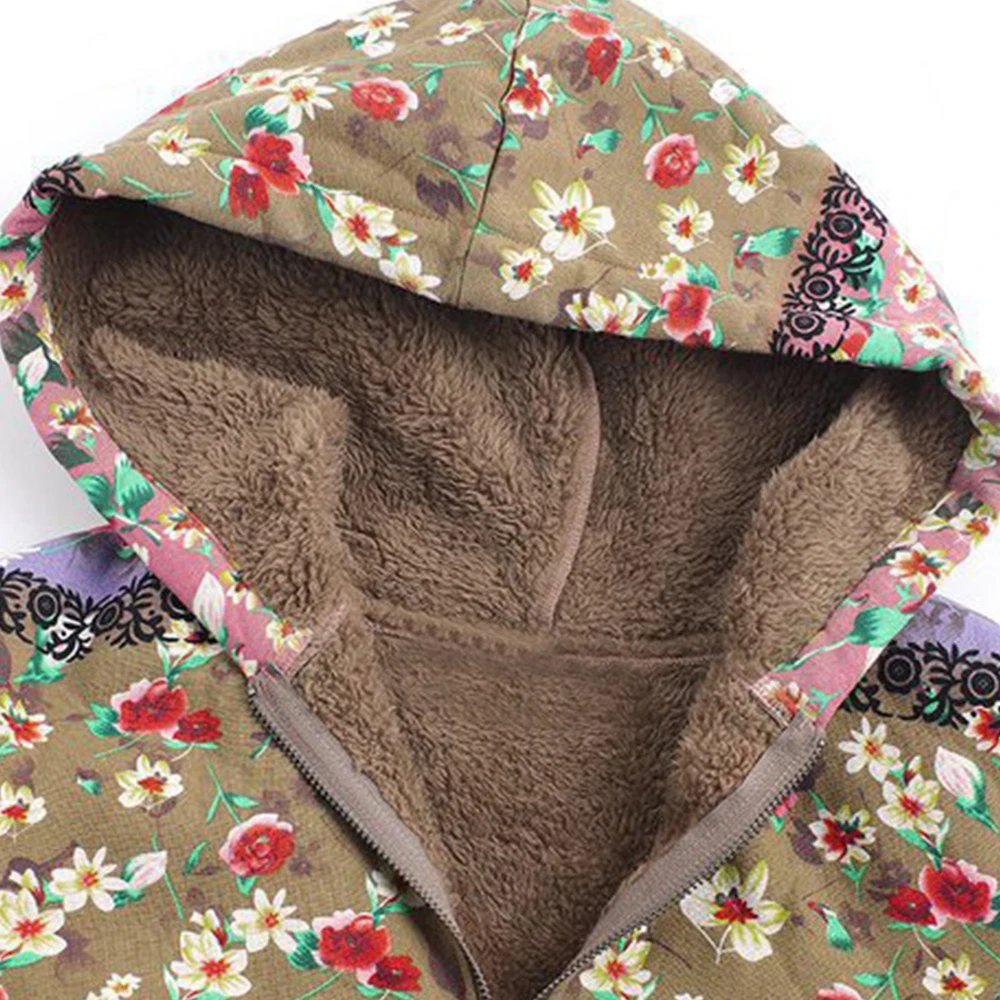 Kopen Bladeren Bloemenprint Warme Jas Vrouwen Winter Lange Mouw Capuchon Pluizige Bont Fleece Gezellige Rits Uitloper S 5XL