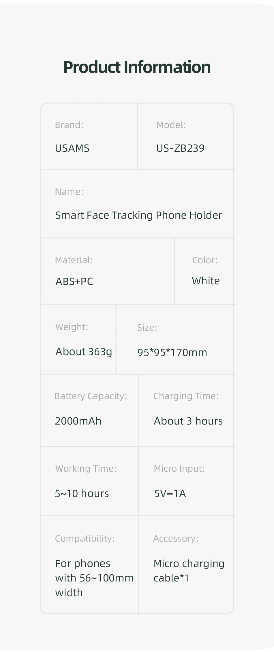 USAMS Portable 360 Rotation Auto Smart Face Track Phone Holder Support Phone Mount Tripod with Face Tracking US-ZB239 31