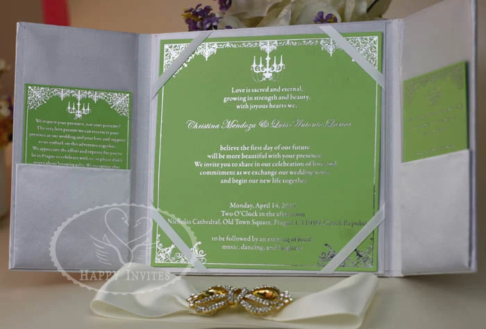HI2003-48 Custom White Silk Invitation with Silver Foiling Printing for Wedding More Colors Available Factory Price