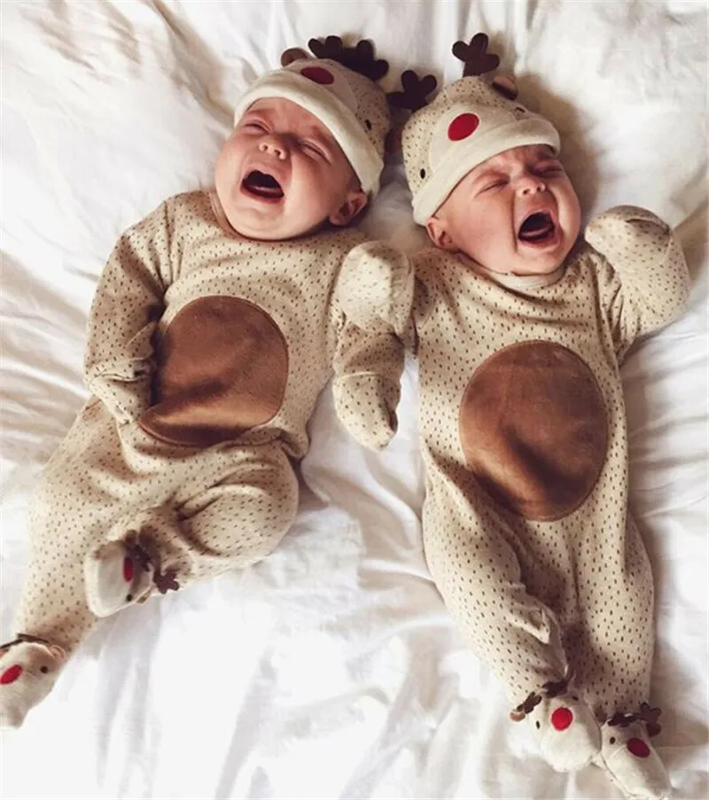 Милый комплект одежды для новорожденных мальчиков и девочек от 0 до 18 месяцев, рождественские комбинезоны с рисунком оленя для маленьких девочек, одежда с шапочкой комплект одежды из 2 предметов