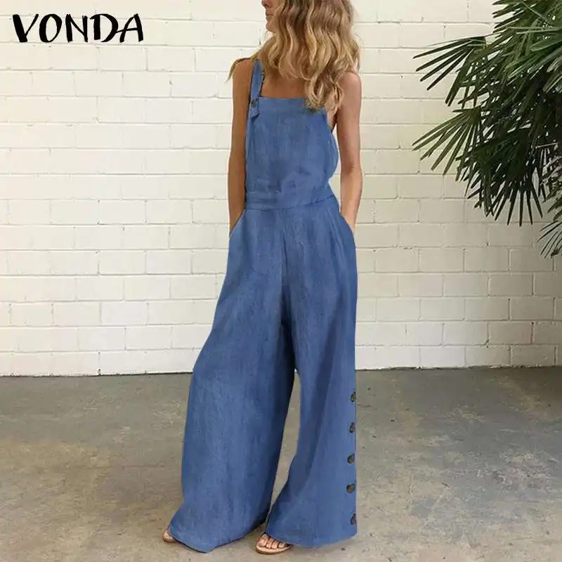 

Women Jumpsuits 2020 VONDA Rompers Vintage Pockets Buttons Wide Leg Pants Female Jumpsuit Summer Overalls Plus Size Playsuits