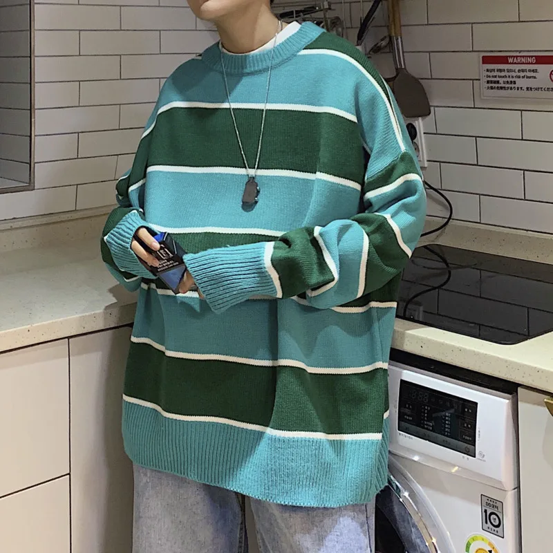 Winter Thick Striped Sweater Men Warm Fashion Contrast Color Casual Knitted Pullover Mens Loose Sweater Male 2