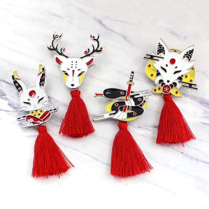 Animal Kabuki Mask Sika Deer Fox Snake Rabbit With Red Silk Tassel Pendant Brooches Gifts