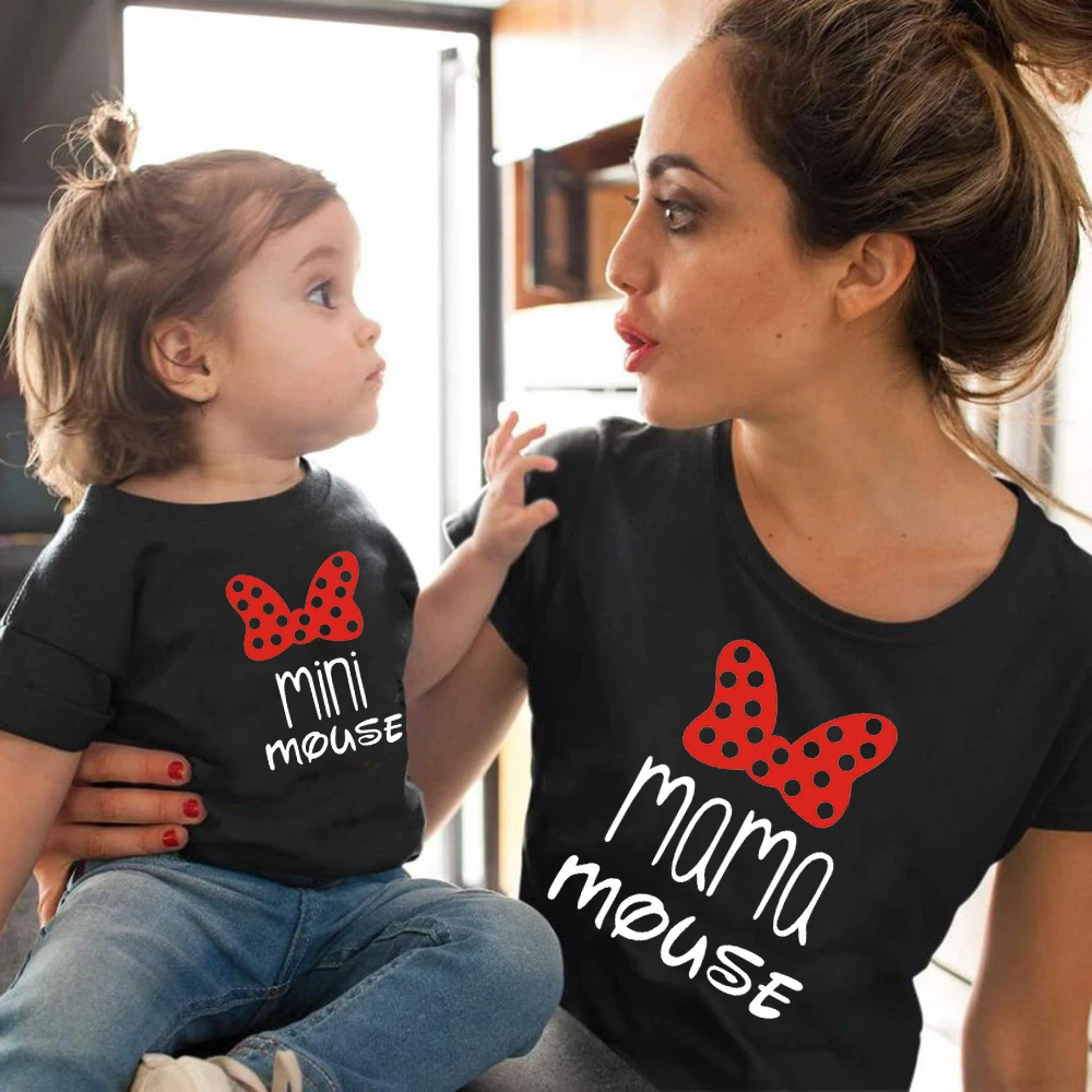 Matching Outfits Tshirt MAMA Baby-Girl Mommy Mini Family Me And Bow 1PC Cotton Kawaii