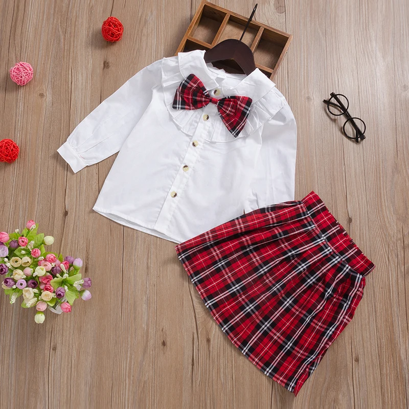 Г. Модные наборы детской одежды для маленьких девочек белая футболка, рубашка+ клетчатая юбка+ галстук, комплект праздничной одежды, От 1 до 6 лет