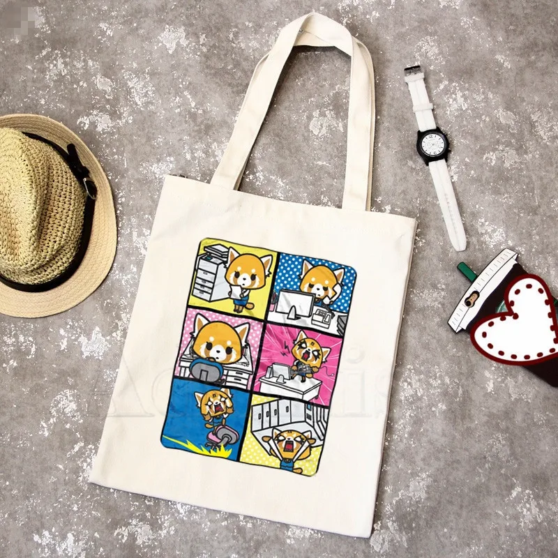 

Aggretsuko Aggressive Retsuko Print Reusable Shopping Bag Women Canvas Tote Bags Printing Eco Bag Shopper Shoulder Bags
