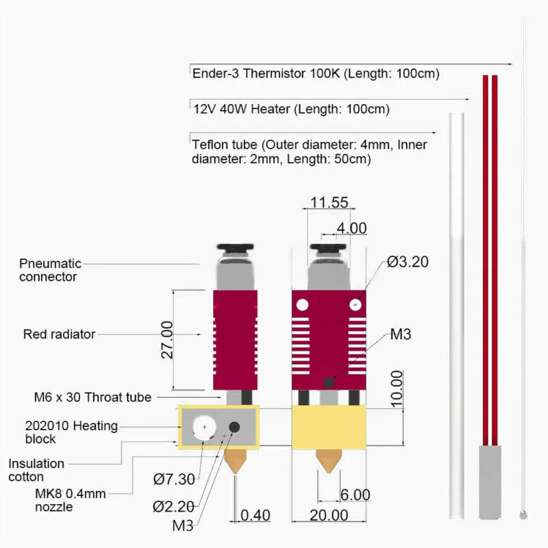 MK8 Extruder All Metal Hot End Kit 0.4mm Nozzle 3D For Printer CR10 CR10S TE1134 durable and practical to use
