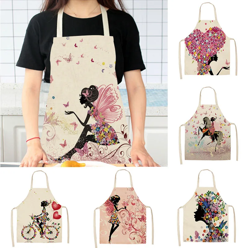 Easy Cleaning Flower Butterflies Girl Printed 68x49cm/49x40cm Women Aprons Kitchen Restaurant Supplies Cotton Linen Waist Bib