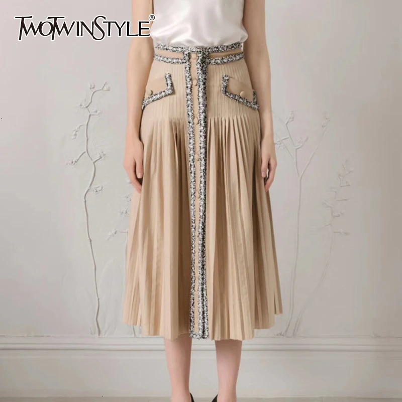

TWOTWINSTYLE Patchwork Tweed Women's Skirts High Waist Button Pocket Pleated A Line Female Skirt 2019 Autumn Fashion New