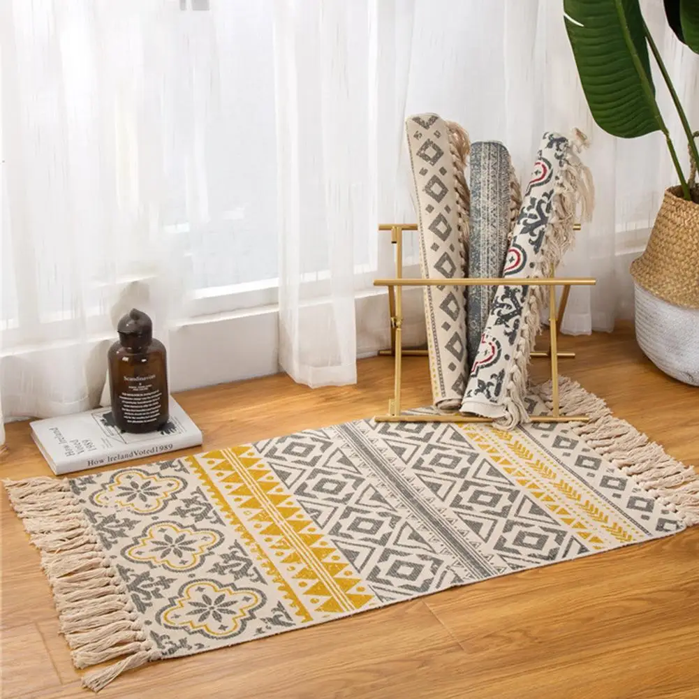 Богемные хлопчатобумажные льняные ручные тканые покрывала геометрический напольный коврик для спальни гостиной ковер с кисточками украшения дома 60x90 см