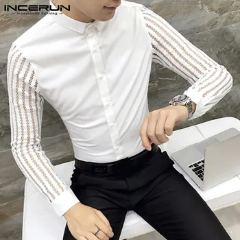 

Men Dress Shirt Lace Patchwork 2020 Long Sleeve Lapel Korean Tops Camisa Fitness Fashion Clubwear Party Shirts Men S-5XL INCERUN