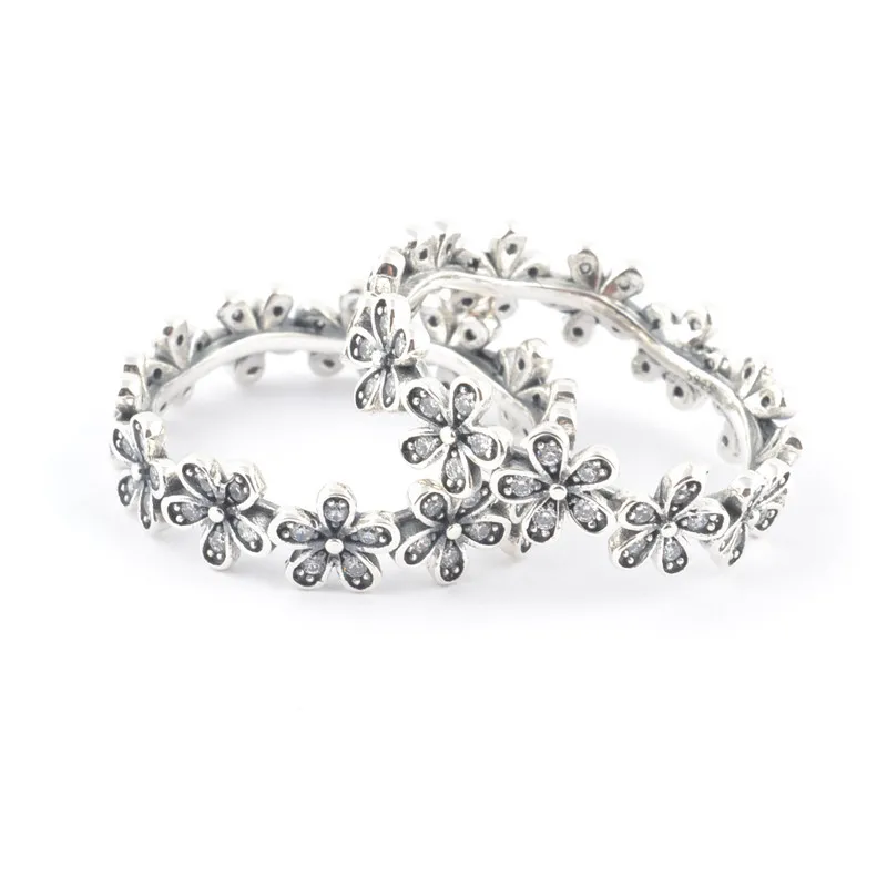 925 Sterling Silver Pan Ring Dazzling Daisy Flower Chain With Crystal Rings For Women Wedding Party Gift Fine Jewelry