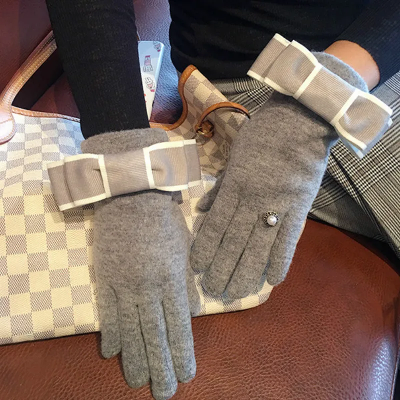 Женские перчатки в стиле барокко, стразы, жемчуг, шерсть, утолщение точек пальцев, перчатки для сенсорного экрана, женские кашемировые теплые, зимние, элегантные - Цвет: grey bow