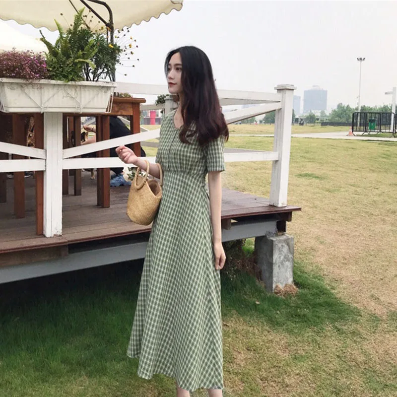 

2023 Vintage Summer Dress Women Clothing Plaid V-neck Short Sleeve Loose Sweet Lace-up Chic Girls Summer Dresses aq795