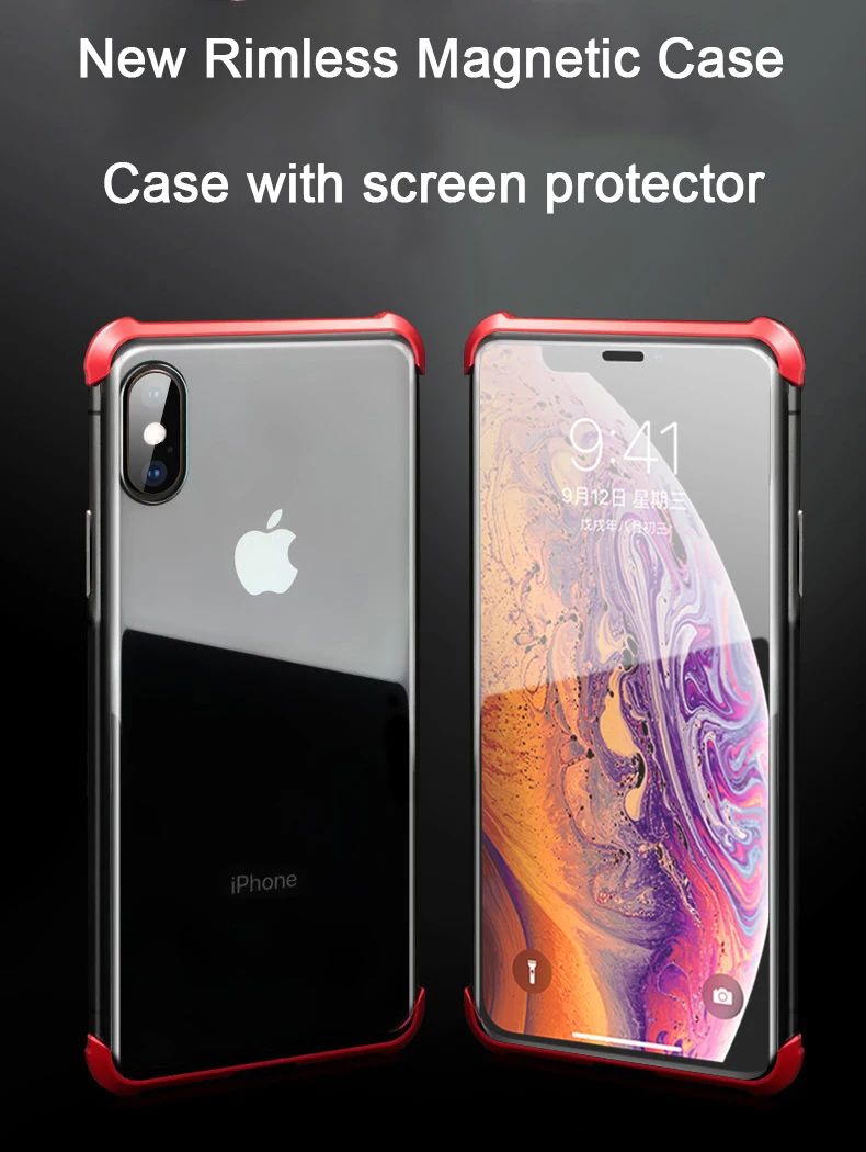 Магнитный адсорбционный чехол без оправы для iPhone XR XS MAX X, закаленное стекло 9 H, Передняя Задняя крышка для iPhone XS Max XR, чехлы