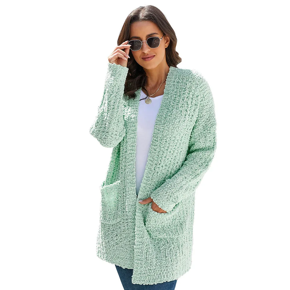 Mint Sweaters SEBOWEL осень зима женский попкорн вязаный длинный кардиган свитера Женский пуловер пальто с карманами Свободный Повседневный Кардиган - Цвет: Mint Sweaters