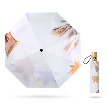 

Quality Sun Umbrella Rain Women man Wheat maple leaf digital printing Umbrellas Female Parasol Portable Creative Female Gift