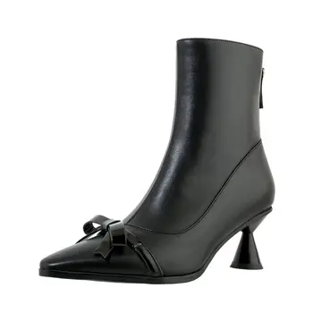

Genuine Leather Women's Ankle Boots sweet poined toe bowties High Heels boots Newest Winter Party Basic Shoes Woman
