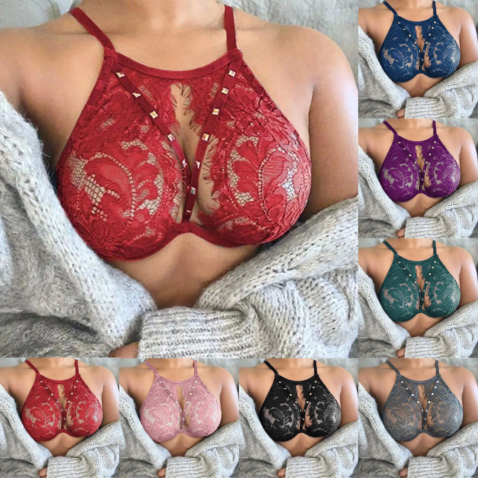 Solid Color Ladies Rivets Push-up Bra Cross Strap Lace Patchwork Hollow Bandage Suspenders women bra,erotic lingerie