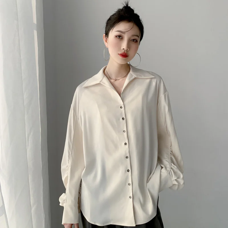 

2021 Women Spring Autumn Solid Color Lapel Collar Ladies Fashion Single Breasted Long Sleeve Loose Casual Shirt N363