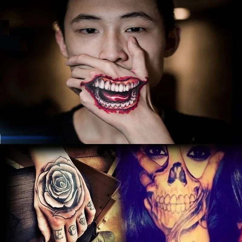 

Waterproof Temporary Tatoo Sticker Hand Painted Cool Dark Terror Face Letter Water Transfer Fake Tatoo Flash Tatto for Men Women